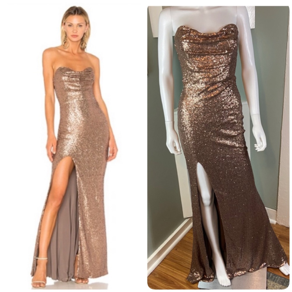 Nookie Valentina Metallic Bronze Sequin Strapless Gown Maxi Dress Small S